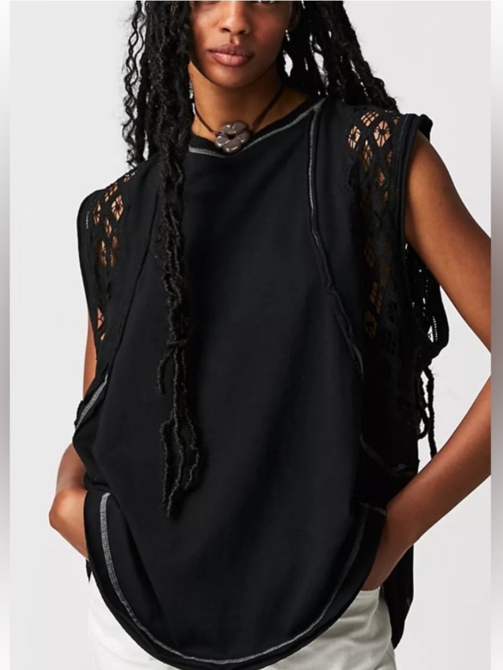 Free People Table for Two Oversized 100% Cotton Tee Lace Sleeve Casual Edgy XS
